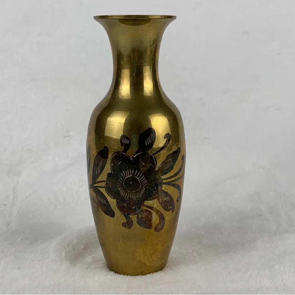 Vintage Brass Bud Vase with etched floral design 6 Inches Tall Original Patina